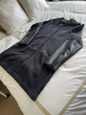 Eileen Fisher Wool Coat with Leather Sleeve Panels with Zipper Detail